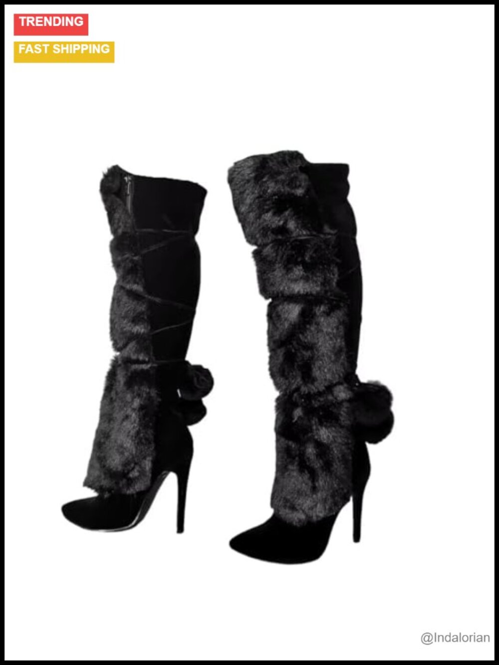Handmade Faux Fur Stiletto Heel Knee High Boots Wide Calf Winter Party Prom